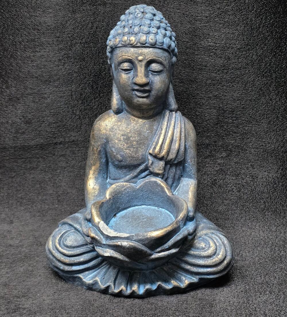 Buddha Figurine Ceramic Blue Statue Tealight Candle Holder 6" Boho Shabby Indie